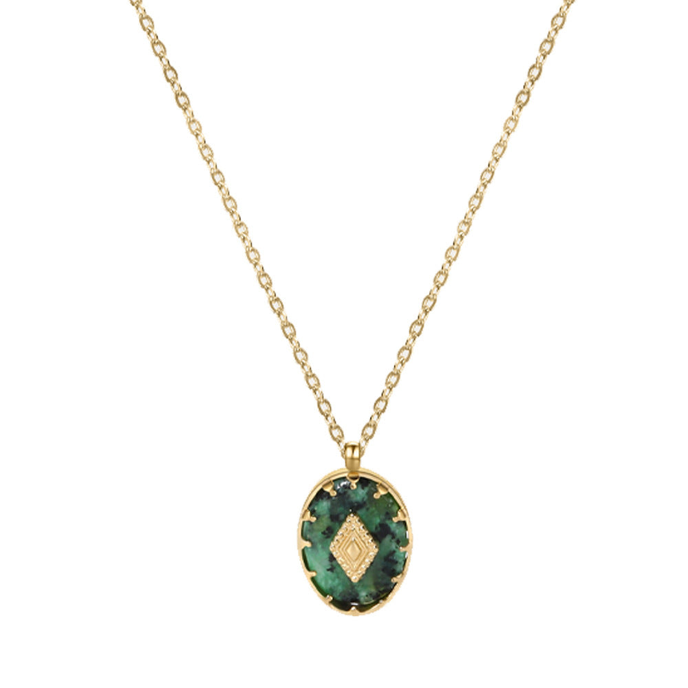 Vintage Oval Green Stone Pendant Necklace | 18K Gold Plated 316L Stainless Steel | Wholesale OEM
