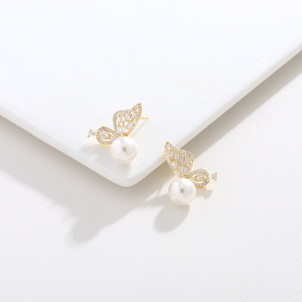 Baguette CZ Butterfly Pearl Drop Earrings | 18K Gold Plated Brass | Wholesale OEM