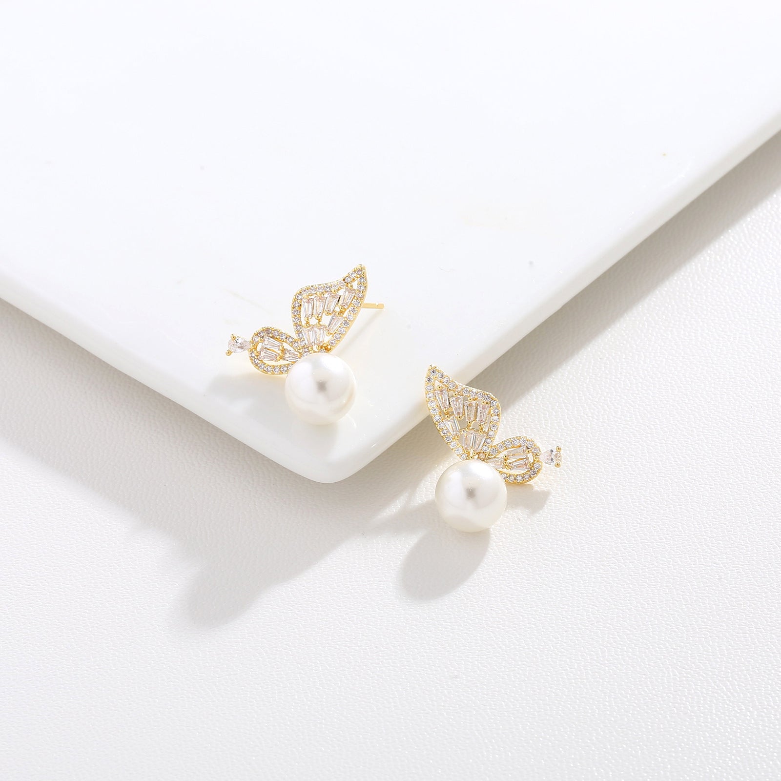 Baguette CZ Butterfly Pearl Drop Earrings | 18K Gold Plated Brass | Wholesale OEM