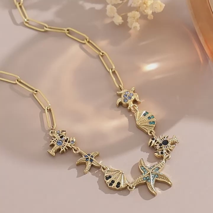 Ocean Creature Blue CZ Paperclip Chain Necklace | 18K Gold Plated 316L Stainless Steel | Wholesale OEM