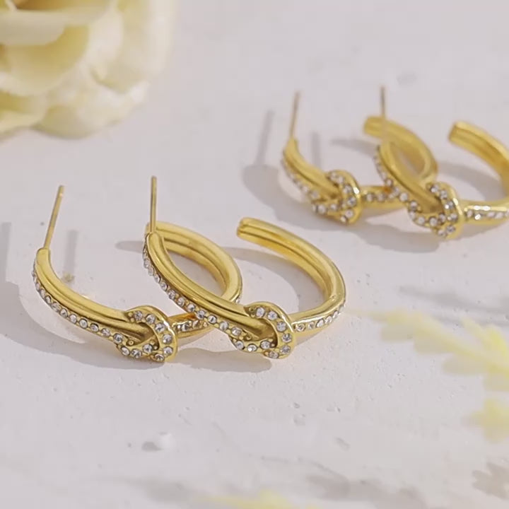 Pave CZ Knot C-Shaped Stud Earrings | 18K Gold Plated 316L Stainless Steel | Wholesale OEM