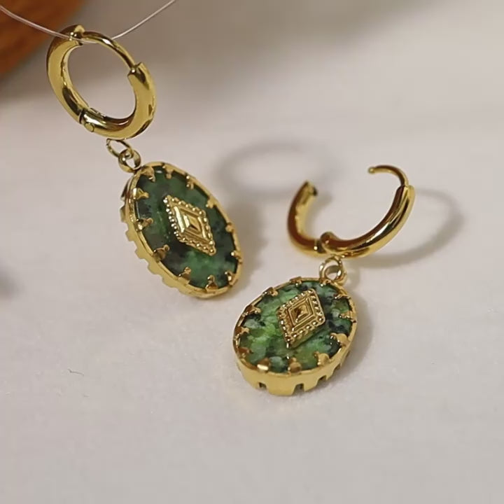 Vintage Oval Green Stone Huggie Earrings | 18K Gold Plated 316L Stainless Steel | Wholesale OEM