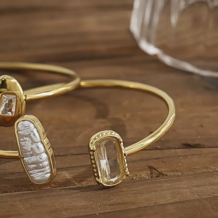 Baroque Pearl Open Cuff Bangle | 18K Gold Plated 316L Stainless Steel | Wholesale OEM