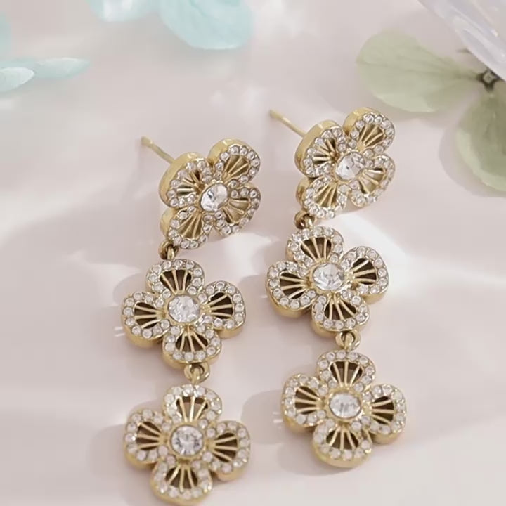 Triple Flower Pave CZ Drop Earrings | 18K Gold Plated 316L Stainless Steel | Wholesale OEM