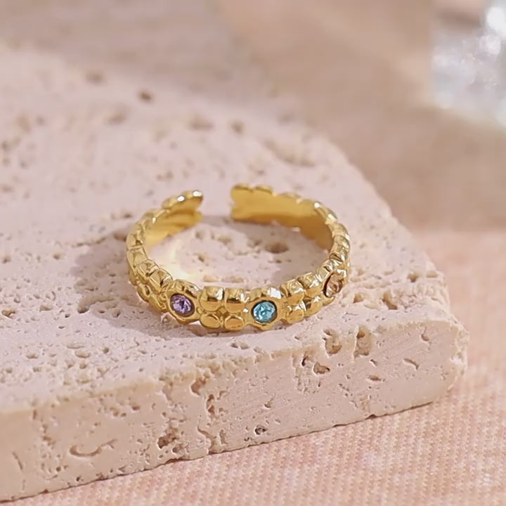 Multicolor Zircon Textured Open Ring | 18K Gold Plated 316L Stainless Steel | Wholesale OEM