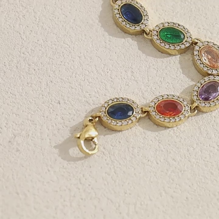 Multicolor Oval CZ Halo Bracelet | 18K Gold Plated 316L Stainless Steel | Wholesale OEM