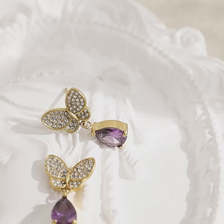Butterfly Pave CZ Teardrop Purple Dangle Earrings | 18K Gold Plated 316L Stainless Steel | Wholesale OEM